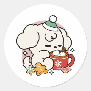 Fueled by Cocoa and Puppy Dreams – Cute Winter Dog Classic Round Sticker