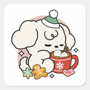 Fueled by Cocoa and Puppy Dreams – Cute Winter Dog Square Sticker