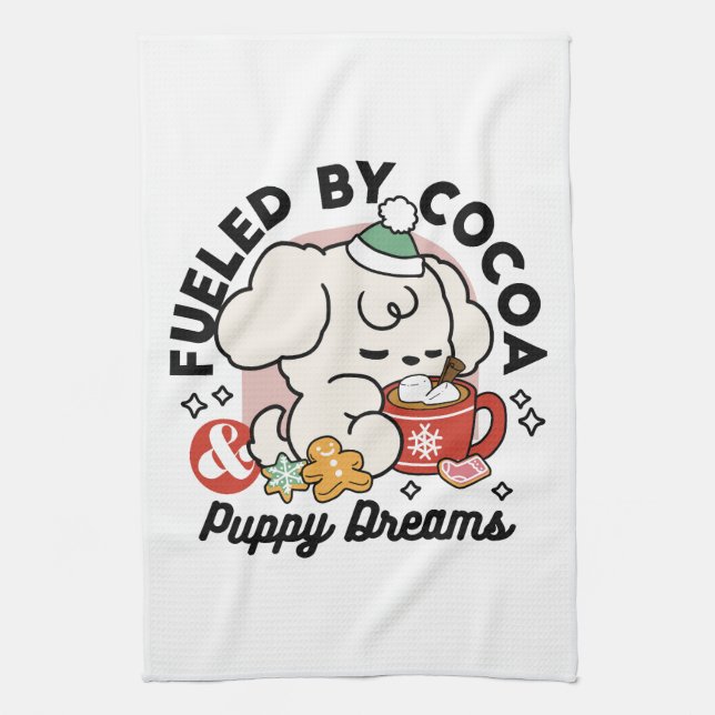 Fuelled by Cocoa and Puppy Dreams – Cute Winter Do Tea Towel (Vertical)