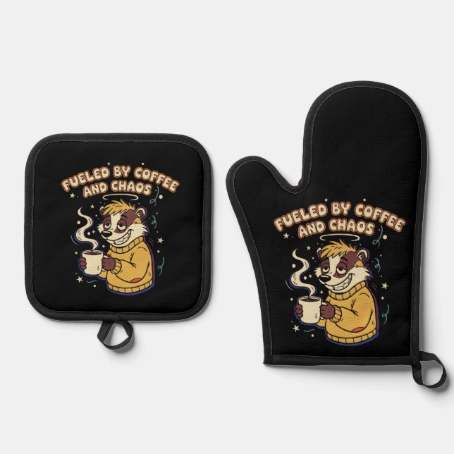 Fuelled By Coffee And Chaos Funny Retro Badger  Oven Mitt & Pot Holder Set (Front)