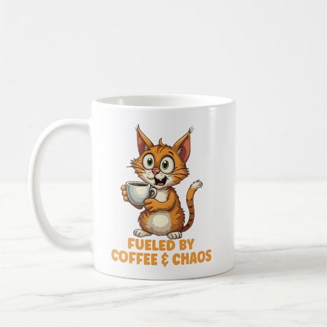 Fuelled By Coffee & Chaos, Funny Cat With Coffee Mug (Left)