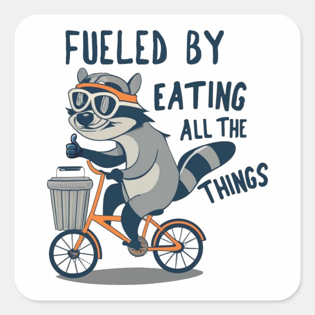 Fuelled By Eating All The Things Racoon Cycling Square Sticker (Front)