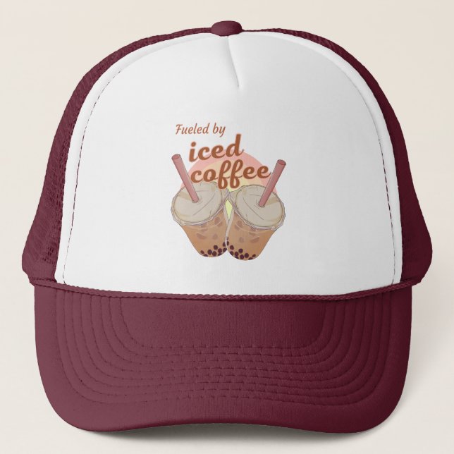 fuelled by iced coffee. iced coffee lovers gift trucker hat (Front)