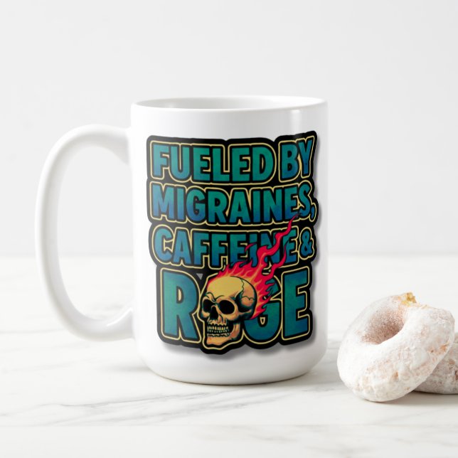 Fuelled by Migraines, Caffeine & Rage – Funny Coffee Mug (With Donut)