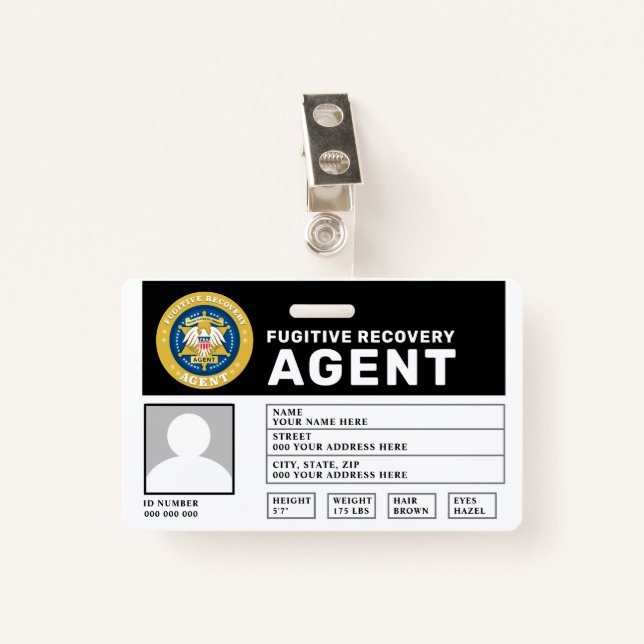 FUGITIVE RECOVERY AGENT BADGE  ID BADGE (Front with Clip)