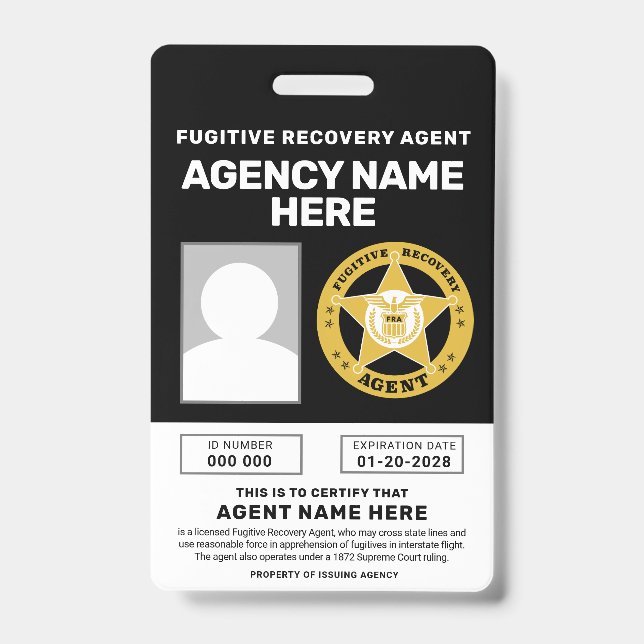 FUGITIVE RECOVERY AGENT BADGE  ID BADGE (Front)