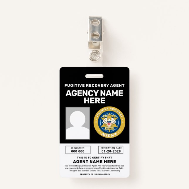 FUGITIVE RECOVERY AGENT BADGE  ID BADGE (Front with Clip)
