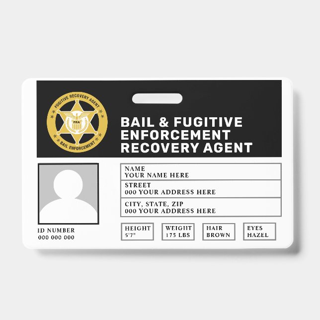 FUGITIVE RECOVERY & BAIL ENFORCEMENT AGENT BADGE ID BADGE (Front)