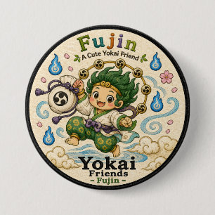 Fujin Japanese Wind God Pin Button, Cute Japanese