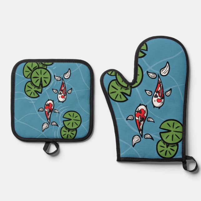 Fuku and Heiwa the Koi Oven Mitt & Pot Holder Set (Front)