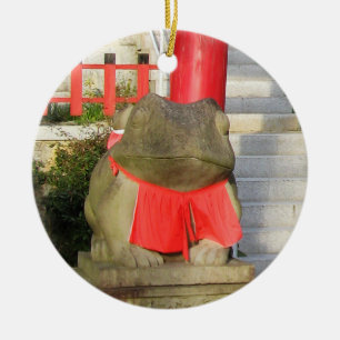 Fuku Kaeru 福かえる Fortune Frog with Red Yodarekake Ceramic Tree Decoration