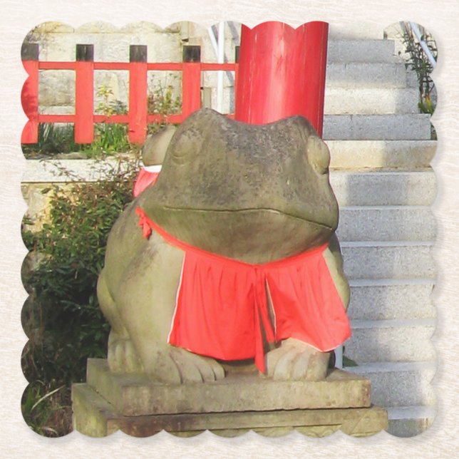 Fuku Kaeru 福かえる Fortune Frog with Red Yodarekake Paper Coaster (Front)