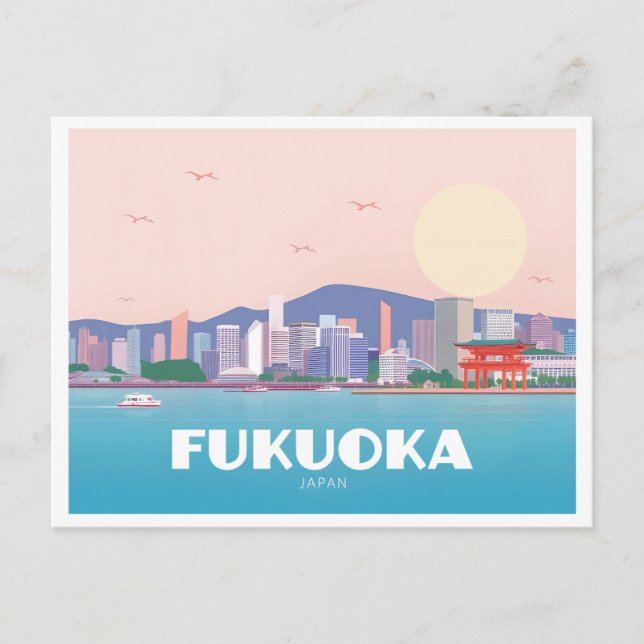 Fukuoka Japan Pastel Travel Postcard (Front)