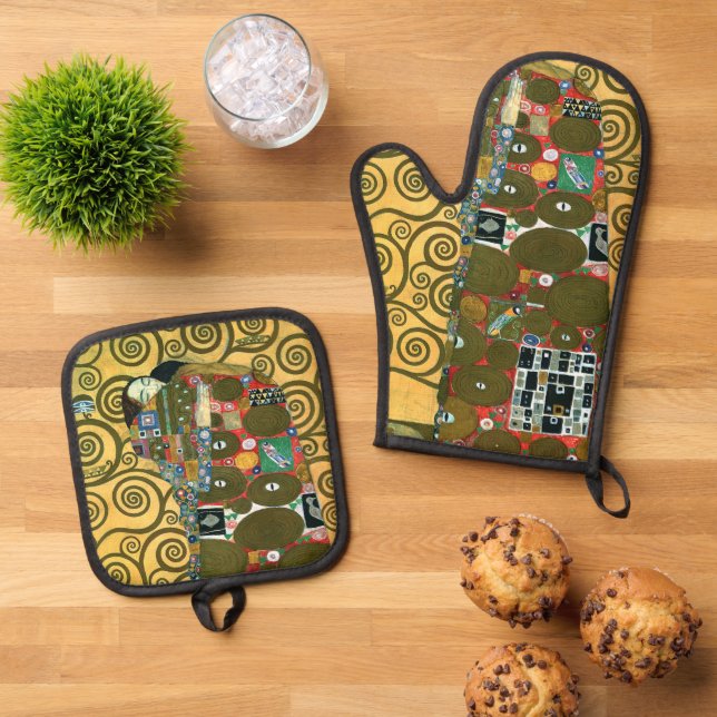 Fulfilment aka The Embrace by Gustav Klimt Oven Mitt & Pot Holder Set (Top Down)