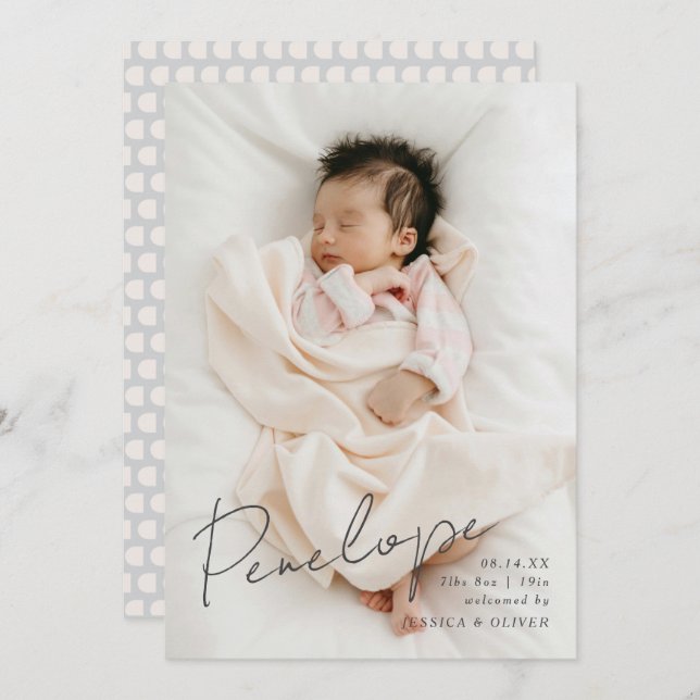 Full bleed modern calligraphic baby name announcement (Front/Back)