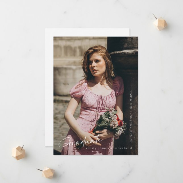 Full Bleed Modern Script Graduate Simple Photo Announcement (Front/Back In Situ)