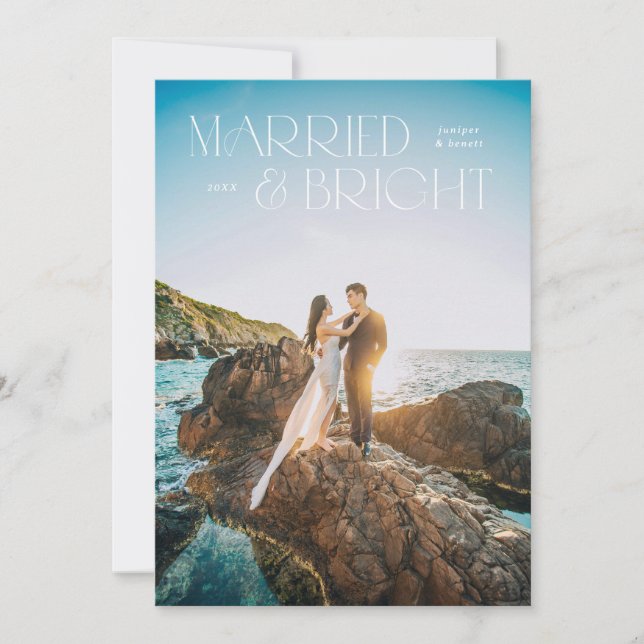 Full-Bleed Photo Married & Bright Photocard Holiday Card (Front)