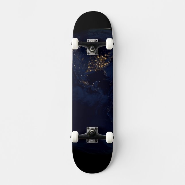 Full Earth At Night With City Lights Of Americas Skateboard (Front)