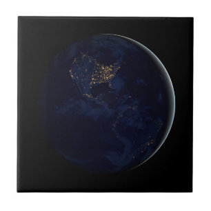 Full Earth At Night With City Lights Of Americas Tile