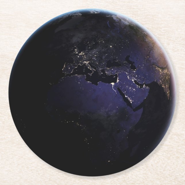 Full Earth Showing City Lights Of Europe At Night. Round Paper Coaster (Front)