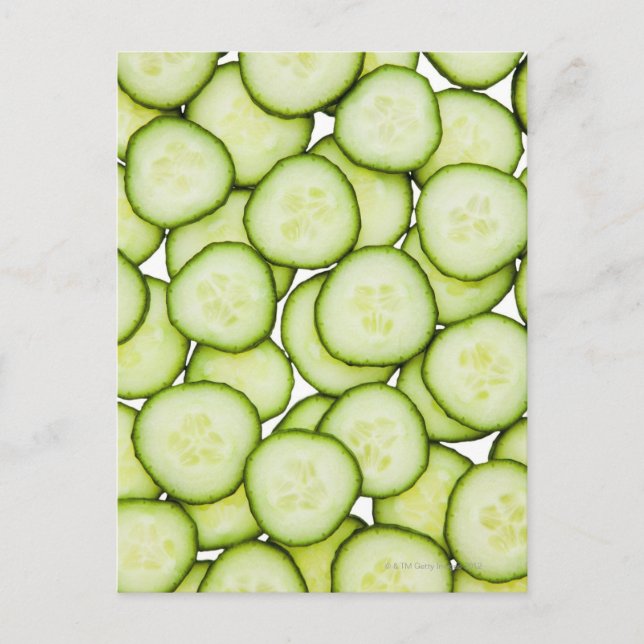 Full frame of sliced cucumber, on white postcard (Front)