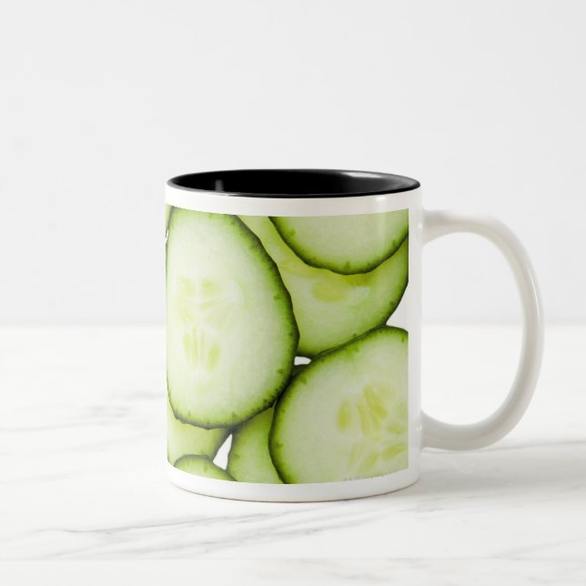 Full frame of sliced cucumber, on white Two-Tone coffee mug (Right)