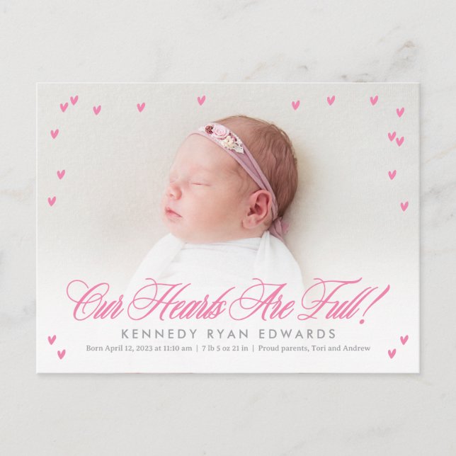 Full Hearts Baby Birth Announcement Postcard (Front)