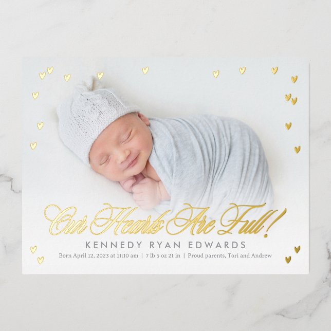 Full Hearts Foil Baby Birth Announcement Postcard (Front)
