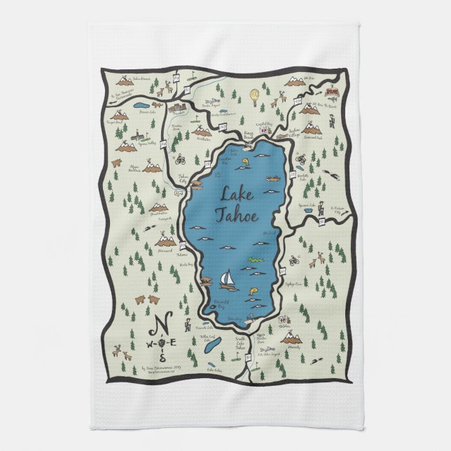 Full Lake Tahoe Area Map Tea Towel (Vertical)