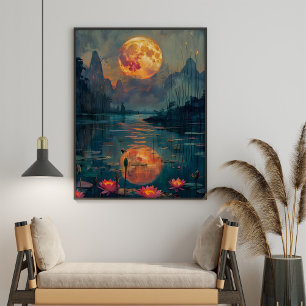 Full Moom and Lake with Lotus Flowers Painting Poster