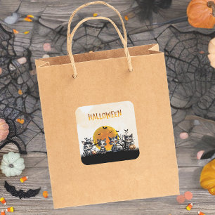 Full Moon Adorable Spooky Halloween Ghost Kittens Square Sticker