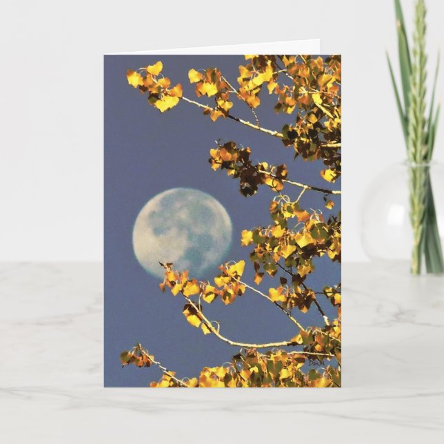 Full Moon and Autumn Leaves Greeting Card (Front)