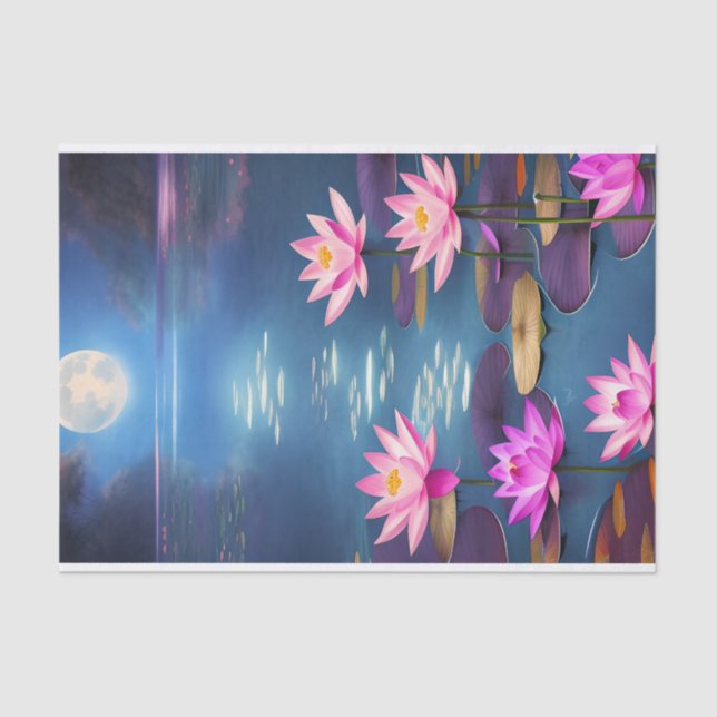 Full Moon and Beautiful Pink Lotus Flowers Tissue Paper (Front)