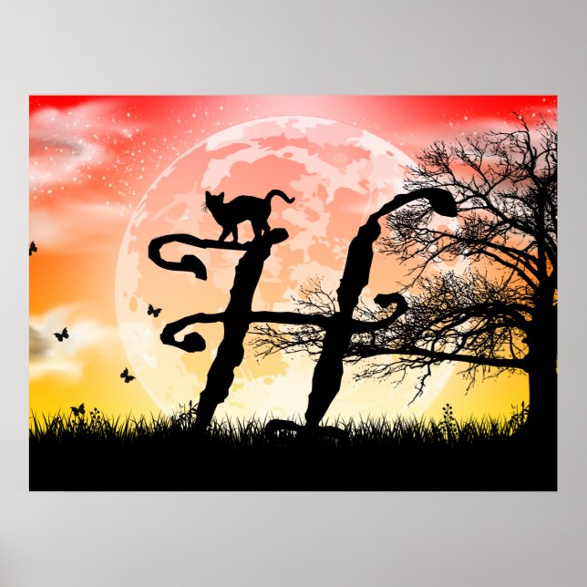 Full Moon and Cat H Initial Monogram Poster (Front)