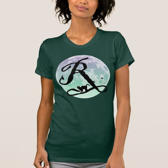 Full Moon and Cat R Initial Monogram T-Shirt (Front)