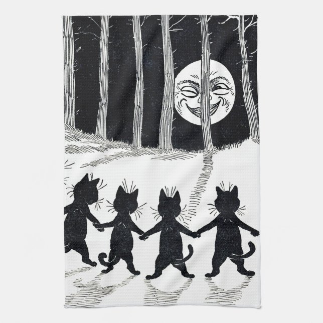 Full moon and Cats, Louis Wain Tea Towel (Vertical)