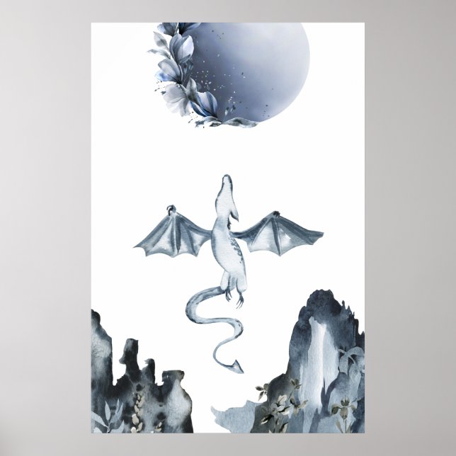 Full Moon and Dragon Dusty Blue Poster (Front)