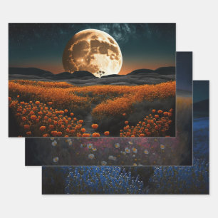 Full Moon and Flowers Wrapping Paper Sheet