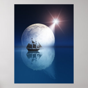 Full Moon and Star over Ship Poster