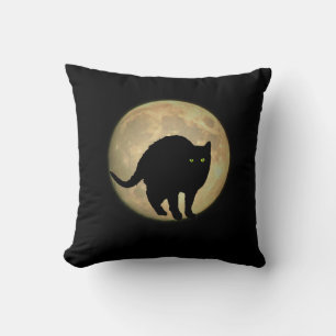 Full Moon Arching Black Cat Cushion
