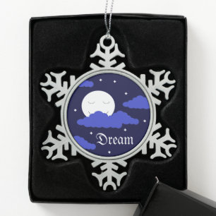 Full Moon at Midnight & Stars: Snowflake Pewter Christmas Ornament