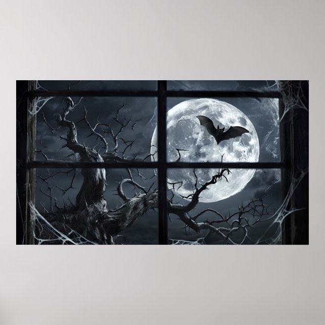 Full Moon Bat Poster – Gothic Window View Art (Front)