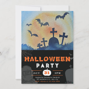 Full Moon, Bats and Graveyard Black Halloween Invitation
