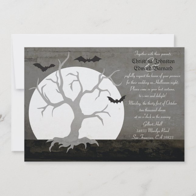 Full Moon & Bats Halloween Wedding Invitation (Front)
