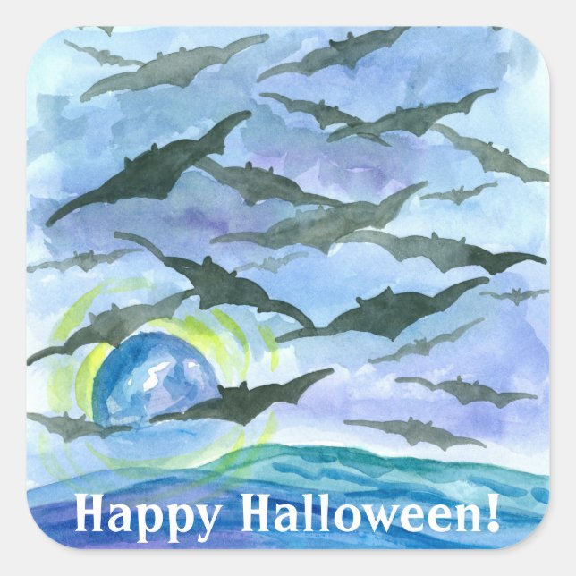 Full Moon Bats Happy Halloween Square Sticker (Front)