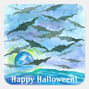 Full Moon Bats Happy Halloween Square Sticker