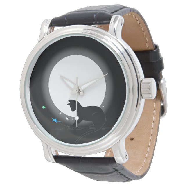 Full Moon Black Cat And Stars Watch (Angled)