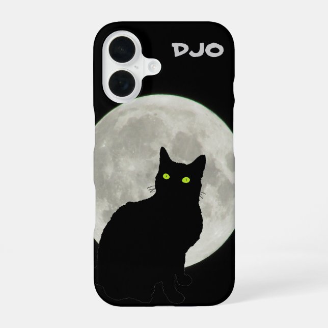 Full Moon Black Cat Looking Up iPhone 16 Case (Back)