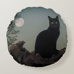 Full Moon Black Cat on a Tree Round Cushion