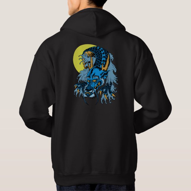 Full Moon Blue Asian Art Dragon Hoodie (Back)